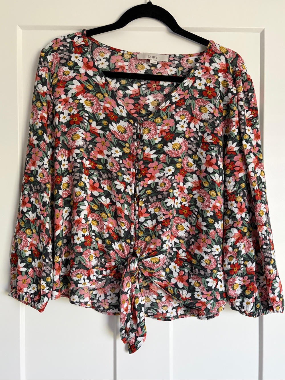 LOFT Pink Coral Floral Tie-Front Blouse
